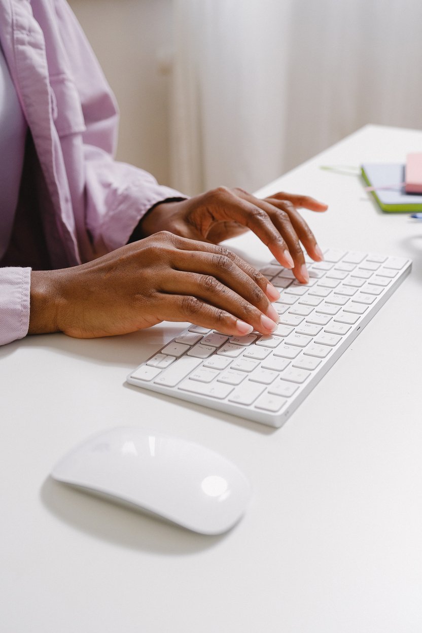 Black entrepreneur typing on convenient wireless keyboard